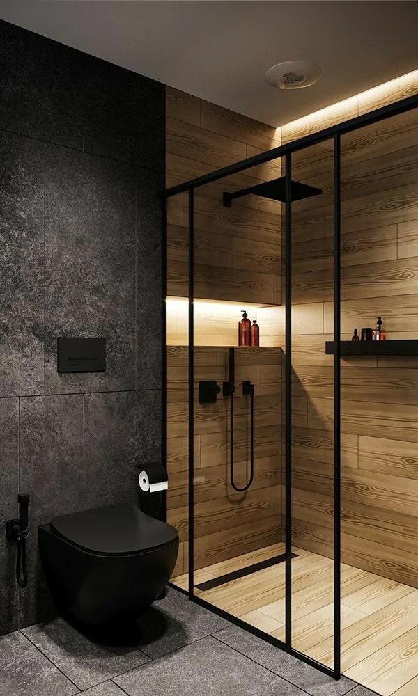 Ahşap Duş Alanlı Modern Banyo - ARSLANTAŞLI İç Mimarlık